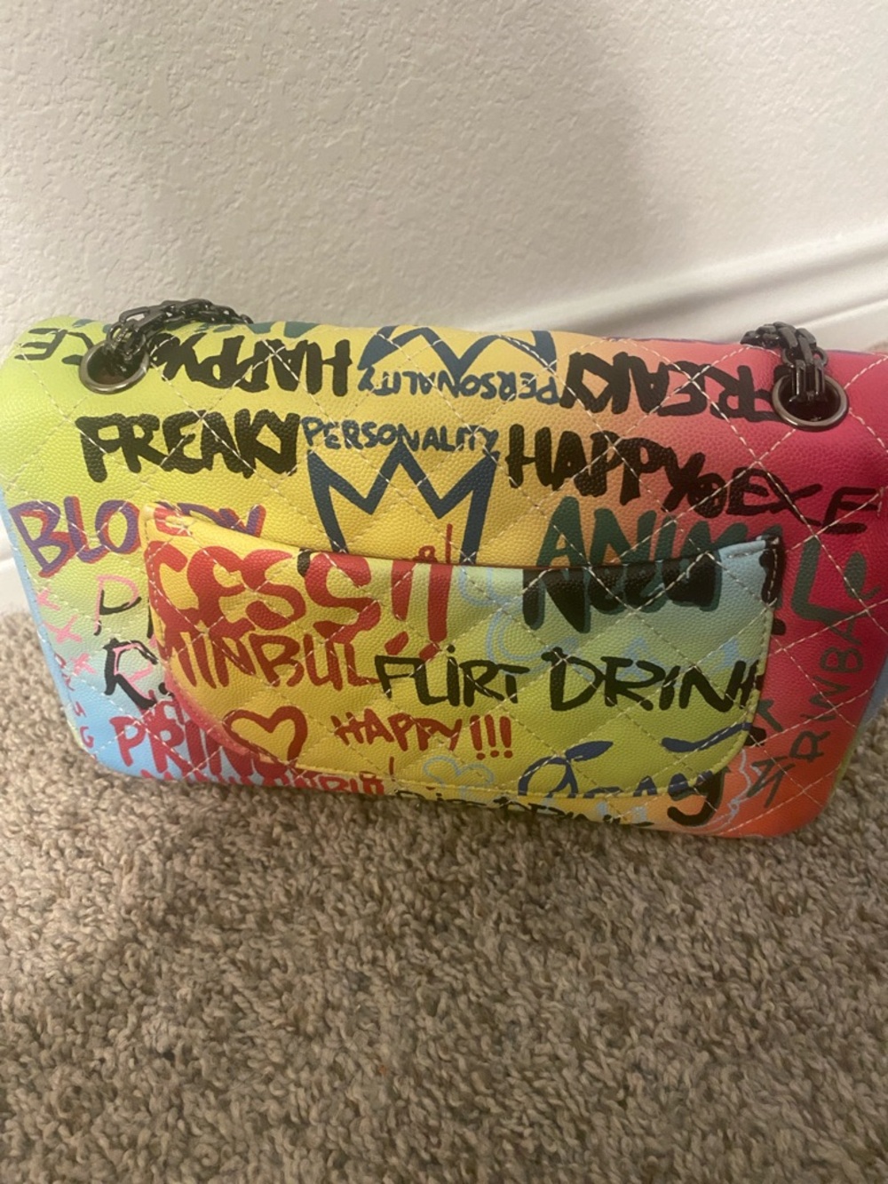 Colorful Graffiti Quilted Print Shoulder Bag - Yellow Accent - Picture 5 of 13
